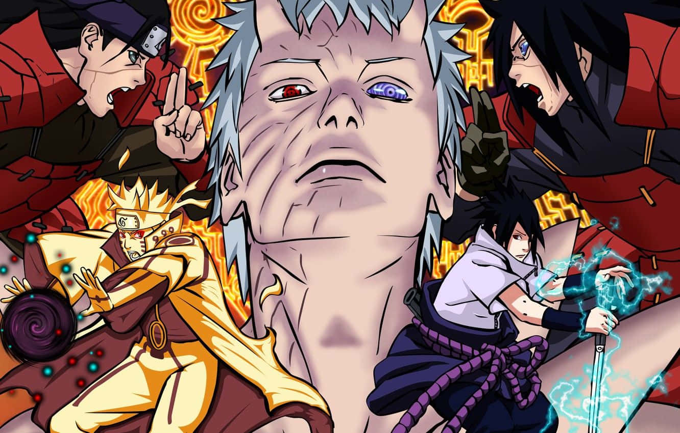 Naruto Manga 桌布 壁紙 — 一個動漫戰鬥場景，包含四個角色，表情激烈，帶有發光的查克拉效果，背景熾熱。