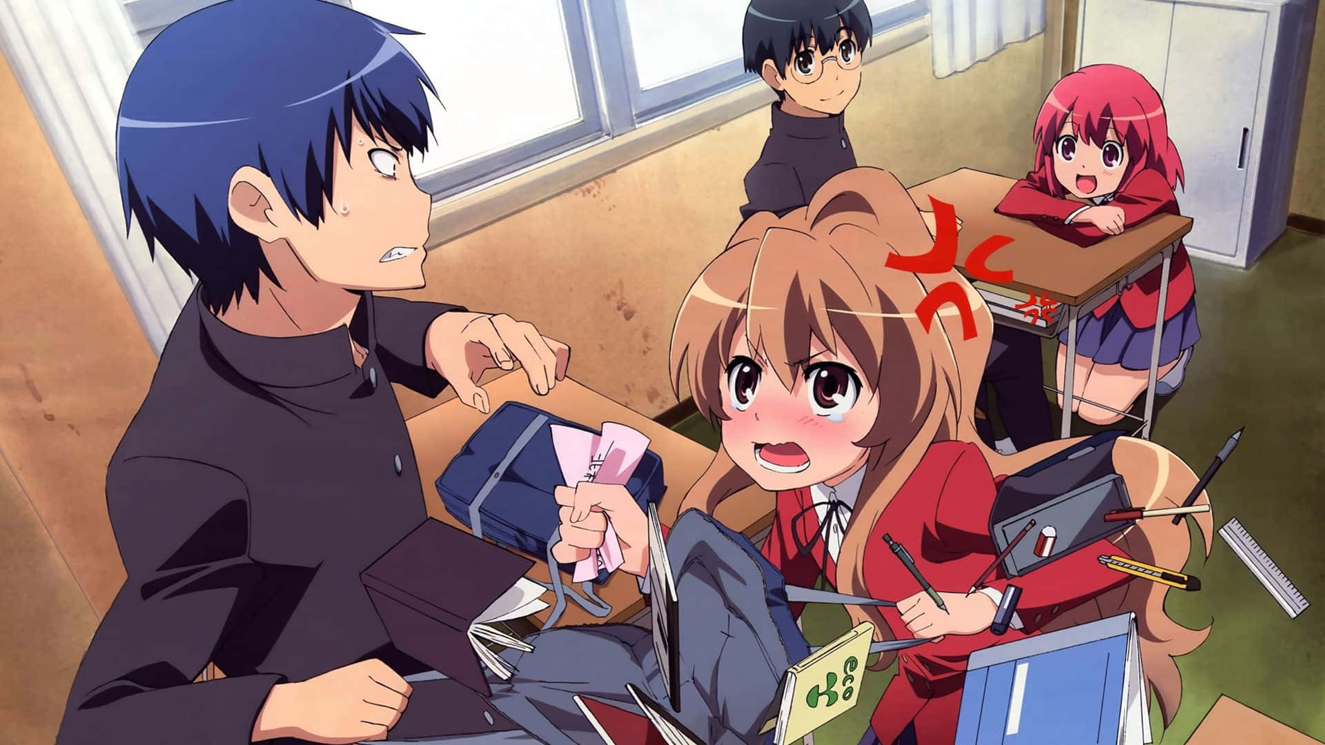 Toradora 桌布 壁紙 — 一個動漫教室場景，一個驚訝的男孩把錢交給一個被散落的學校用品包圍的慌亂女孩。