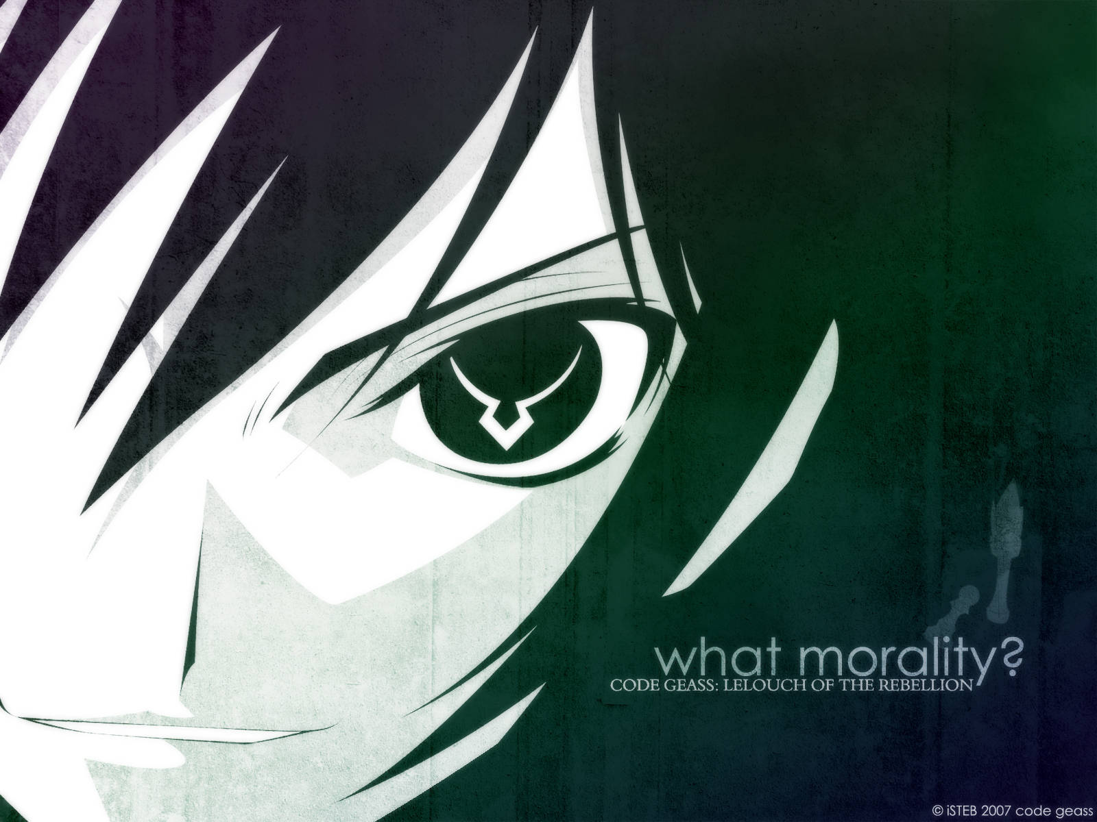 Lelouch 桌布 壁紙 — 一個動漫特寫，捕捉角色強烈的眼睛，配以尖銳的白髮，背景為深綠色紋理。