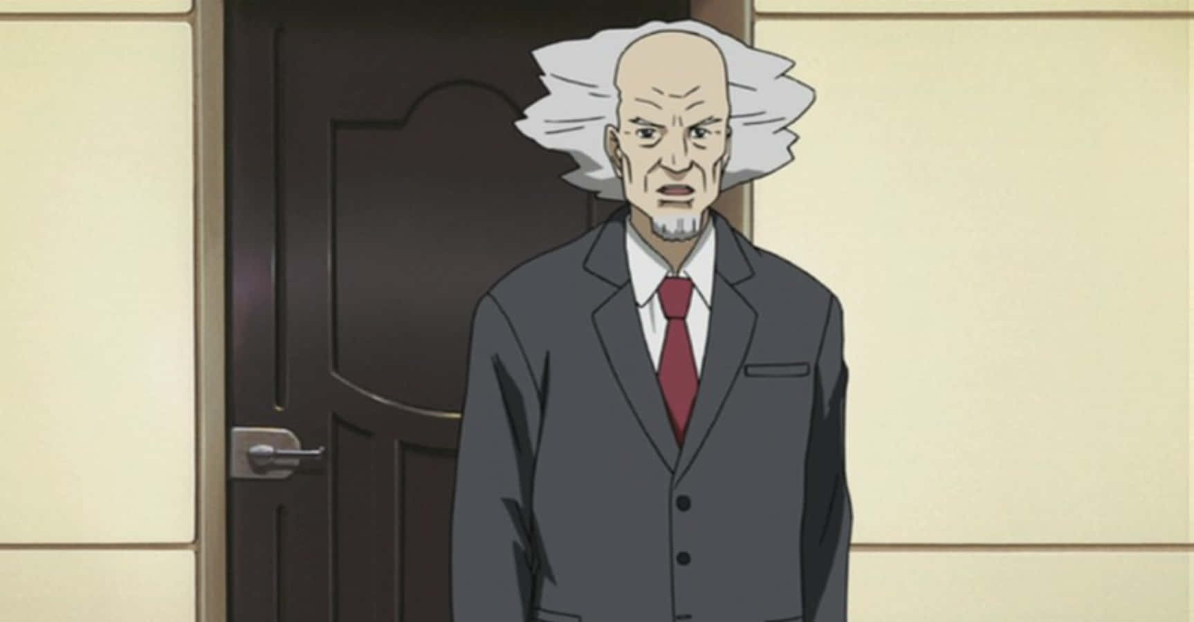 Ghost In The Shell Daisuke Aramaki 桌布 壁紙 — 一個動漫男人，有著狂野的白髮和嚴肅的表情，站在門口，穿著灰色西裝和紅色領帶。