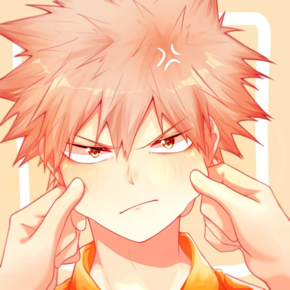 Bakugou Aesthetic 桌布 壁紙 — 一個動漫男孩，有著尖刺的橙色頭髮和瞇起的眼睛，正被看不見的手輕輕捏住雙頰。
