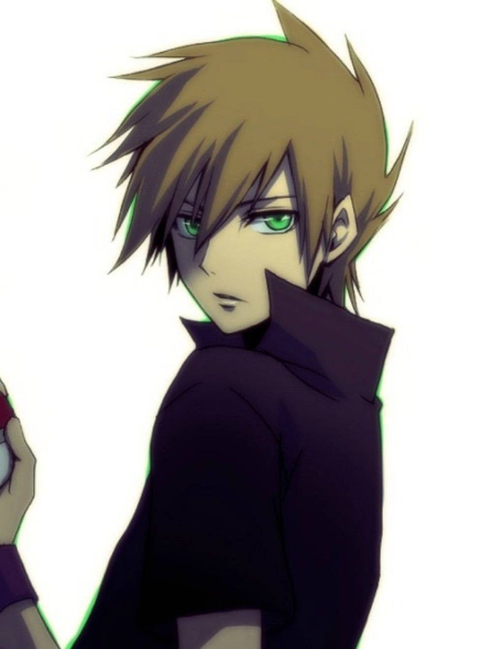 動漫男孩 桌布 壁紙 — 一個動漫男孩，有著尖刺頭髮、發光的綠色眼睛和深色衣服，在明亮的白色背景上轉頭越過肩膀。