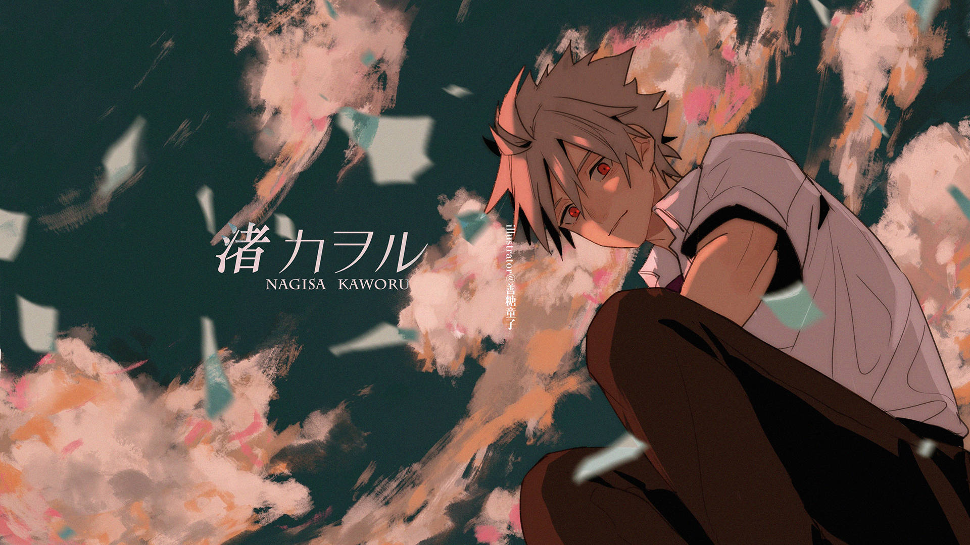 kaworu nagisa 桌布 壁紙 — 一個動漫男孩，有著尖刺頭髮和紅色眼睛，坐在深青色背景上旋轉的彩色紙片之中。