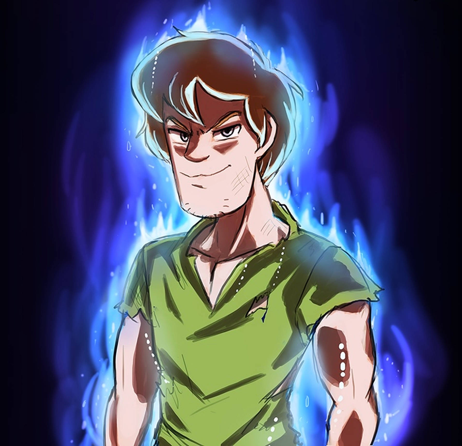 Shaggy 桌布 壁紙 — 一個動漫男孩，棕色頭髮，綠色襯衫，站在黑暗背景中，被發光的藍色能量包圍。