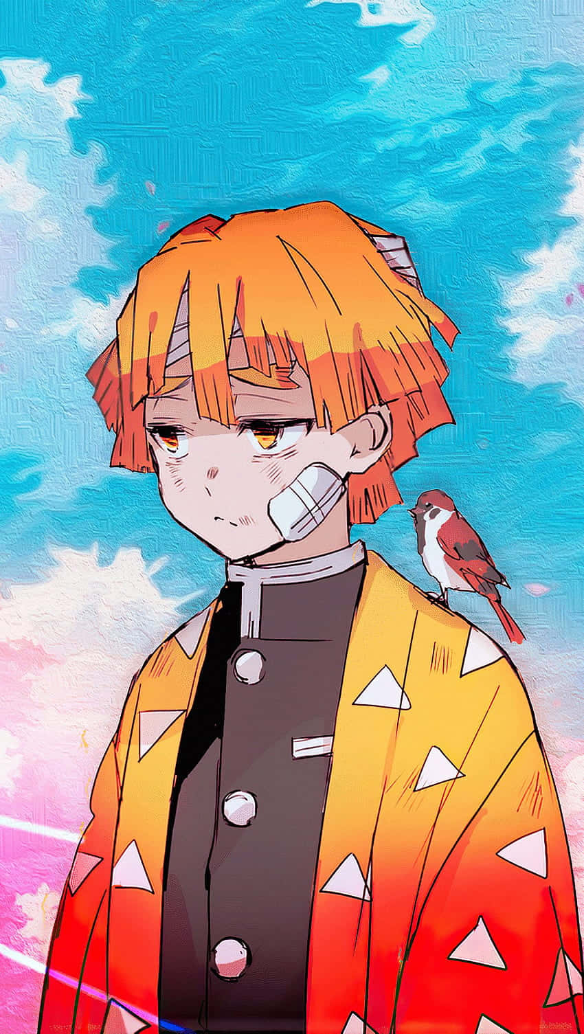 鬼滅之刃 桌布 壁紙 — 一個動漫男孩，橙色頭髮，嘴巴纏著繃帶，穿著紅黃相間的和服，一隻小鳥棲息在他的肩膀上，背景是鮮豔的藍天。