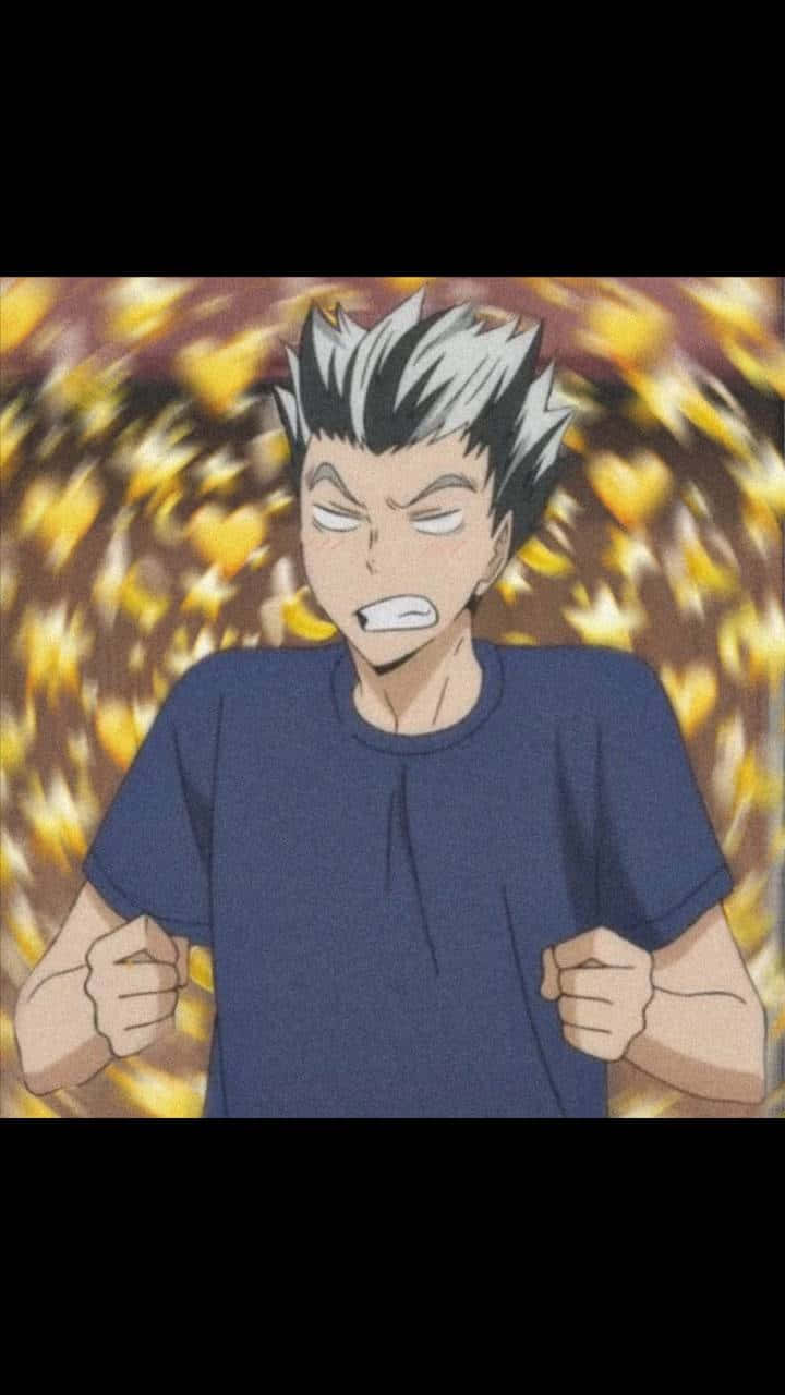 桌布 壁紙 — 一個動漫男孩，白色尖刺頭髮，在旋轉的金色背景下握緊拳頭。