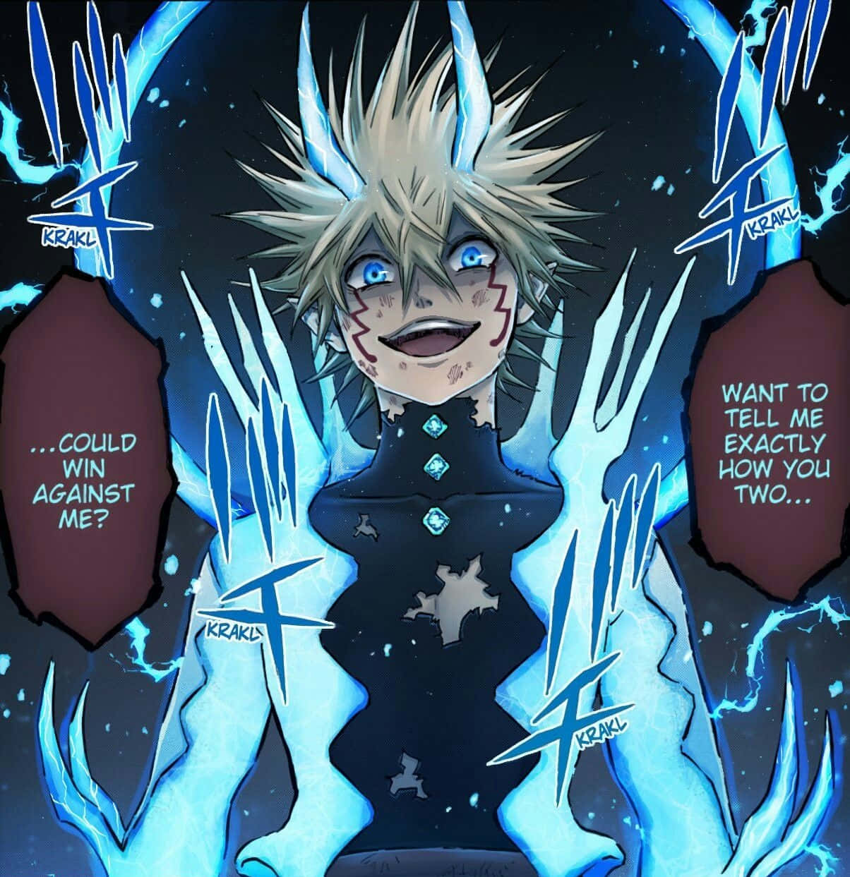 Luck Voltia 桌布 壁紙 — 一個動漫男孩，頭髮尖刺，藍色眼睛，周圍有閃電，穿著破爛的黑色衣服，兇狠地咧嘴笑。