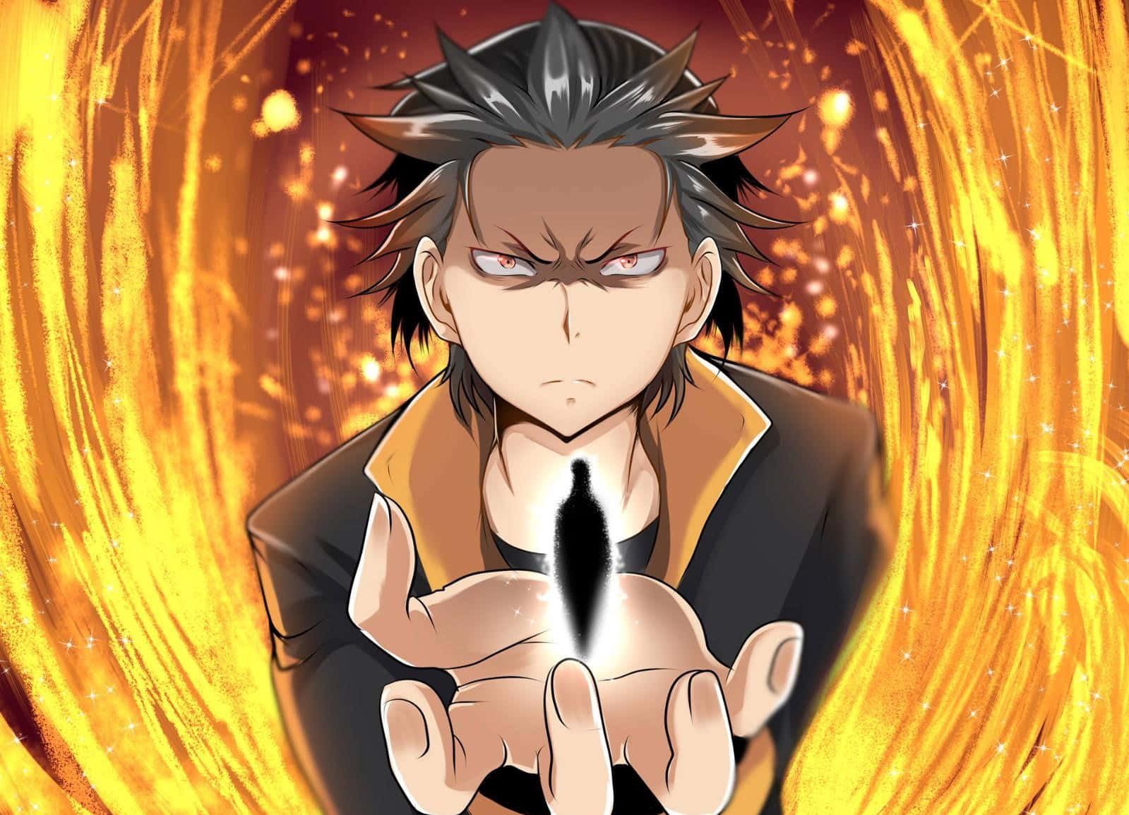 Subaru Natsuki 桌布 壁紙 — 一個動漫男孩，頭髮豎起，在旋轉的金色背景前，雙掌之間引導著發光的能量。