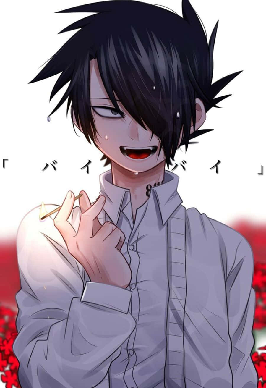 The Promised Neverland Ray 桌布 壁紙 — 一個動漫男孩，黑色刺蝟頭，露出邪惡的笑容，手持點燃的香煙，背景是紅色花卉圖案。