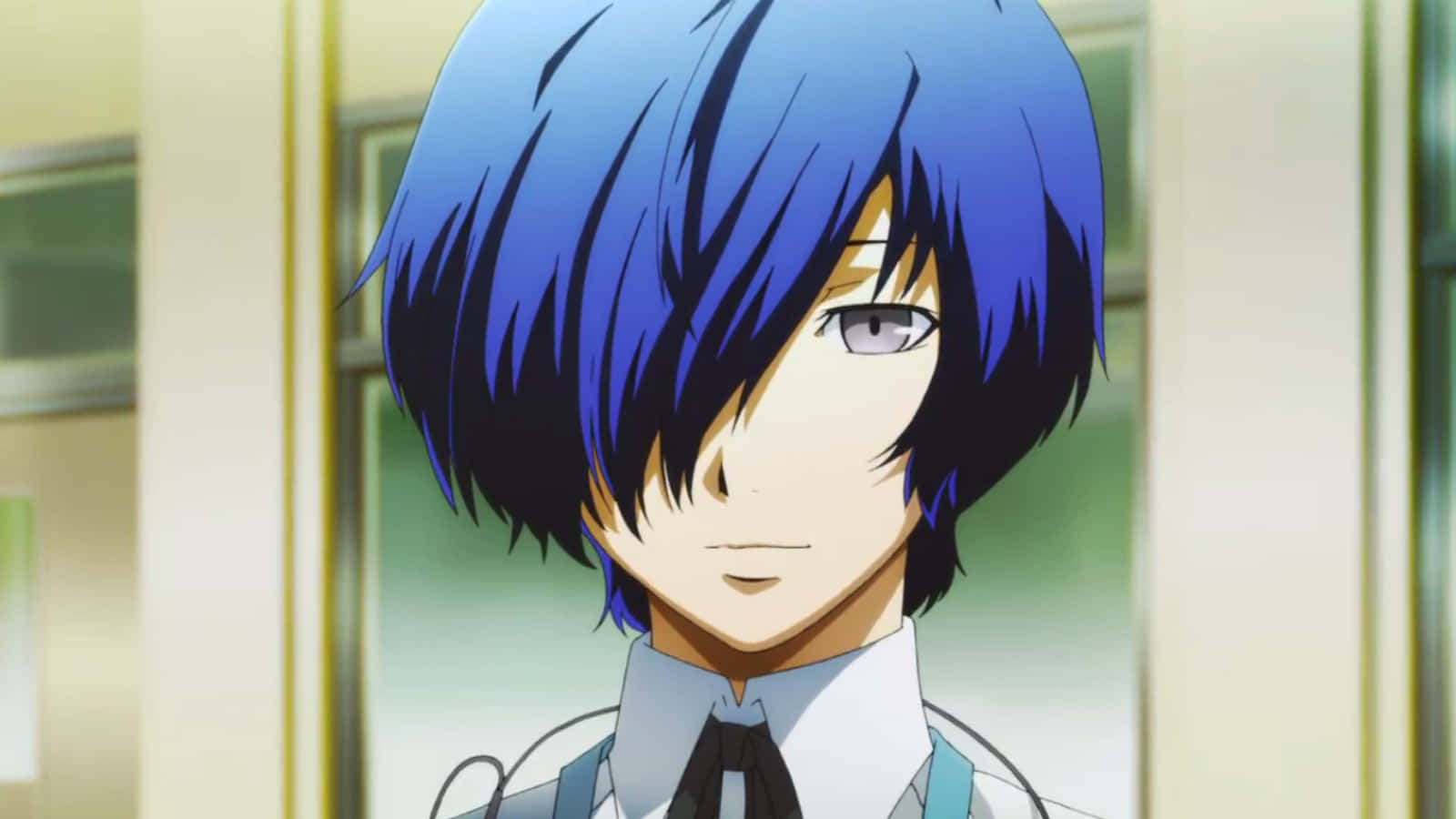 Anime Character 桌布 壁紙 — 一個動漫男孩的近照，擁有鮮豔的藍色頭髮和嚴肅的表情，穿著校服。