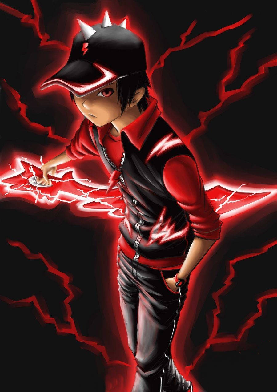 Thunderstorm 桌布 壁紙 — 一個動漫男孩穿著紅黑裝備，戴著尖刺帽，在黑暗背景中引導發光的紅色閃電。
