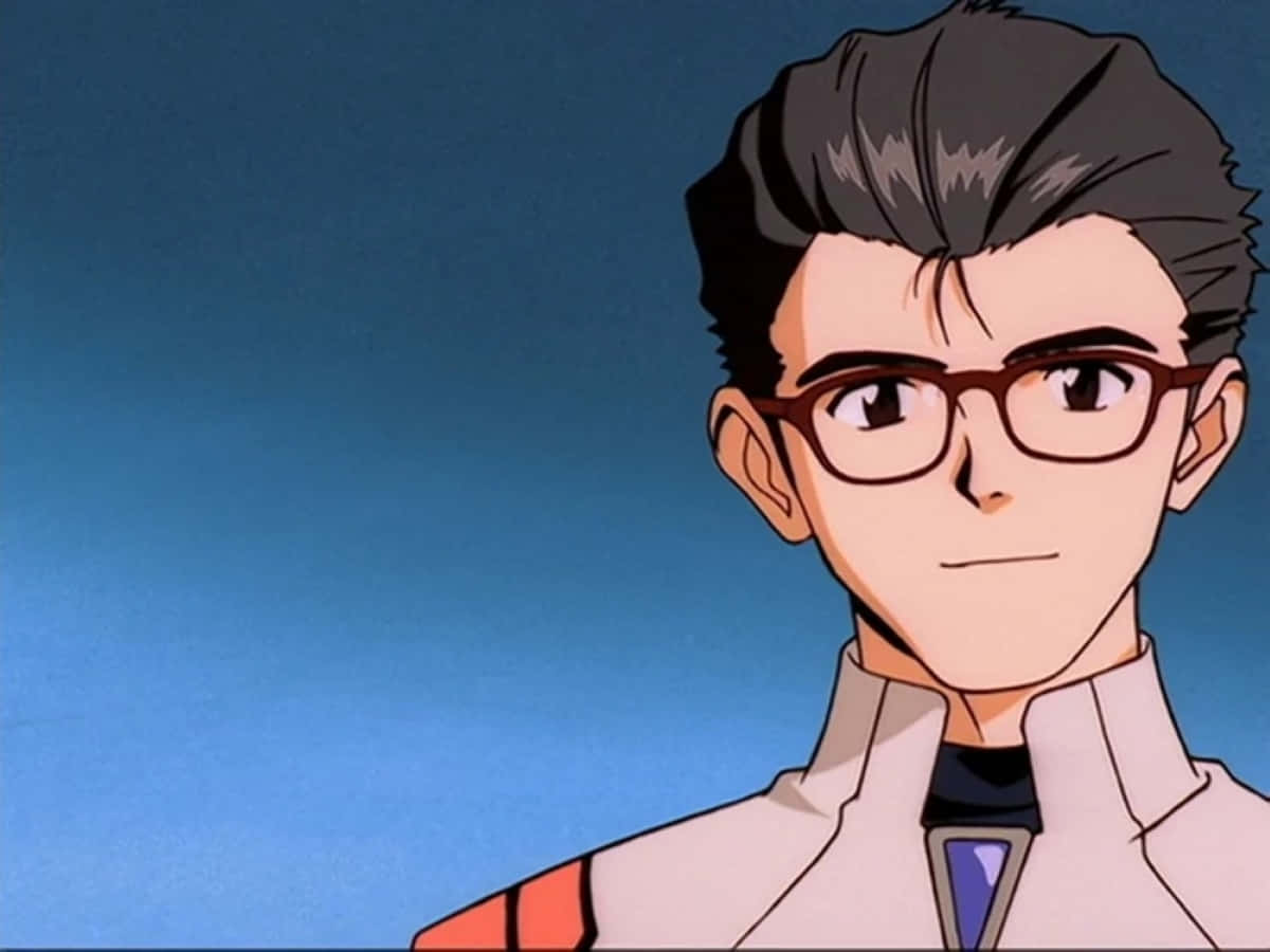 Makoto Hyuga 桌布 壁紙 — 一個動漫男性角色的特寫，黑髮戴眼鏡，背景為純藍色。