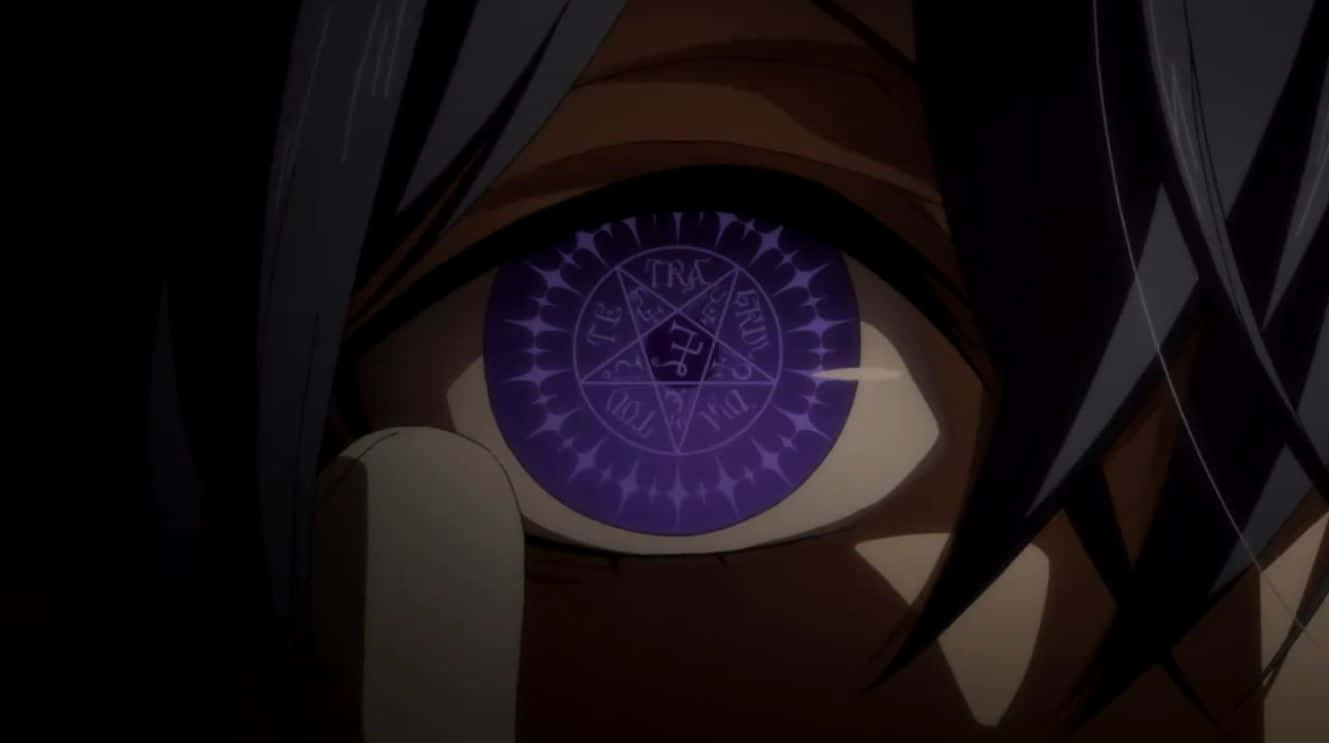 Ciel Phantomhive 桌布 壁紙 — 一個動漫眼睛的特寫，虹膜中閃爍著紫色神秘的五角星符號。