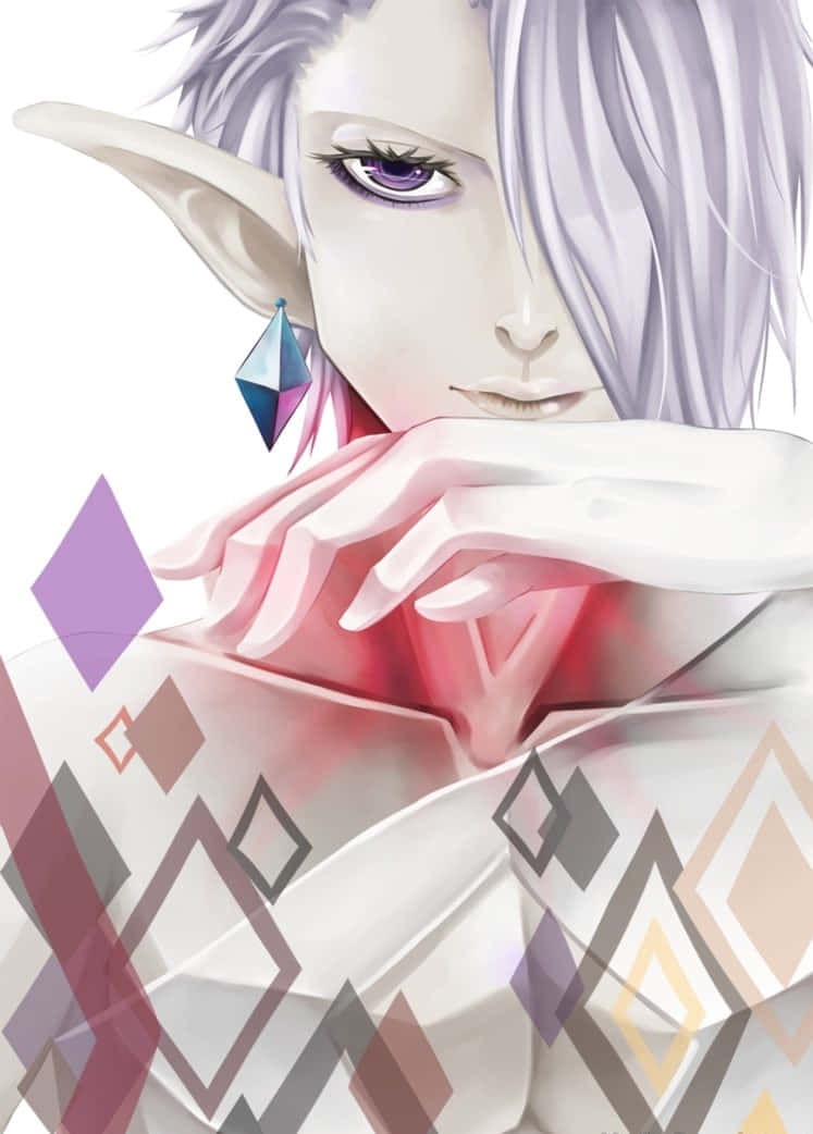 The Legend Of Zelda Ghirahim 桌布 壁紙 — 一個動漫精靈的特寫，擁有銀色頭髮和紫色眼睛，穿著幾何圖案的衣服和藍色寶石耳環。