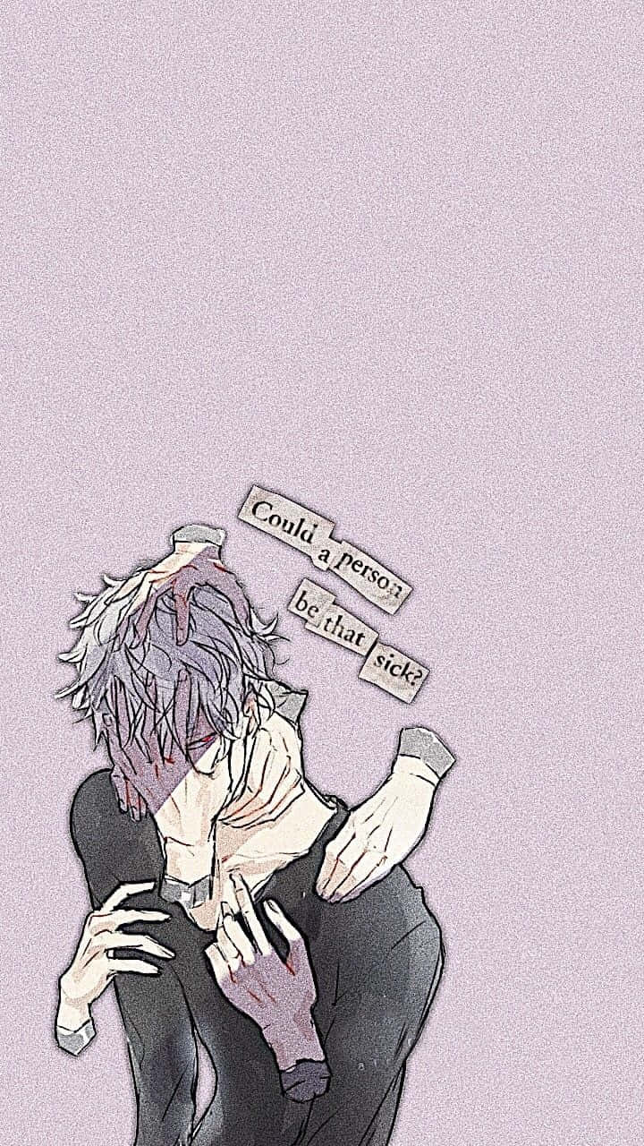 Aesthetic Deku 桌布 壁紙 — 一個動漫角色，凌亂的紫色頭髮，抓著胸口，浮動文字問一個人是否可以病成那樣。