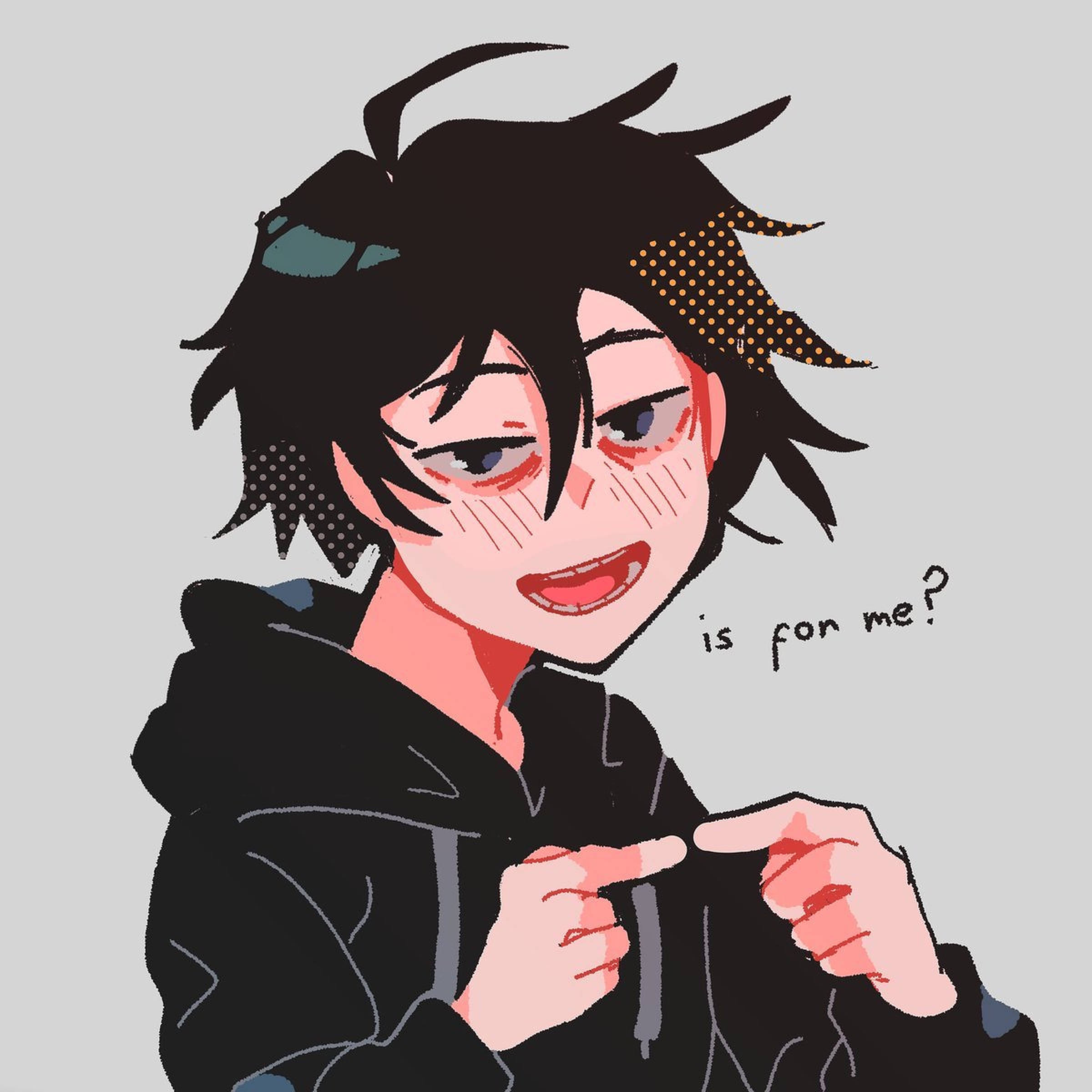 emo 頭像 桌布 壁紙 — 一個動漫角色，凌亂的黑髮和頭巾，指著觀眾，露出狡黠的笑容，文字詢問是否有些東西是給他們的。