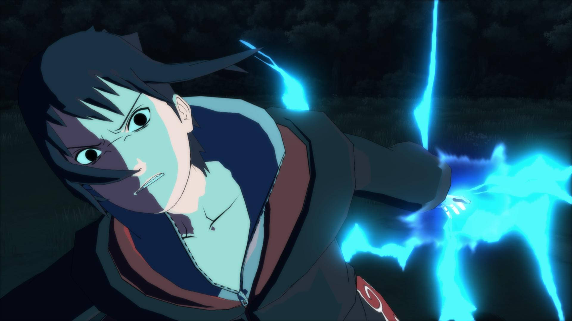 Sasuke 4K 桌布 壁紙 — 一個動漫角色，半邊臉發出藍光，在夜晚的黑暗森林中引導電藍色查克拉。