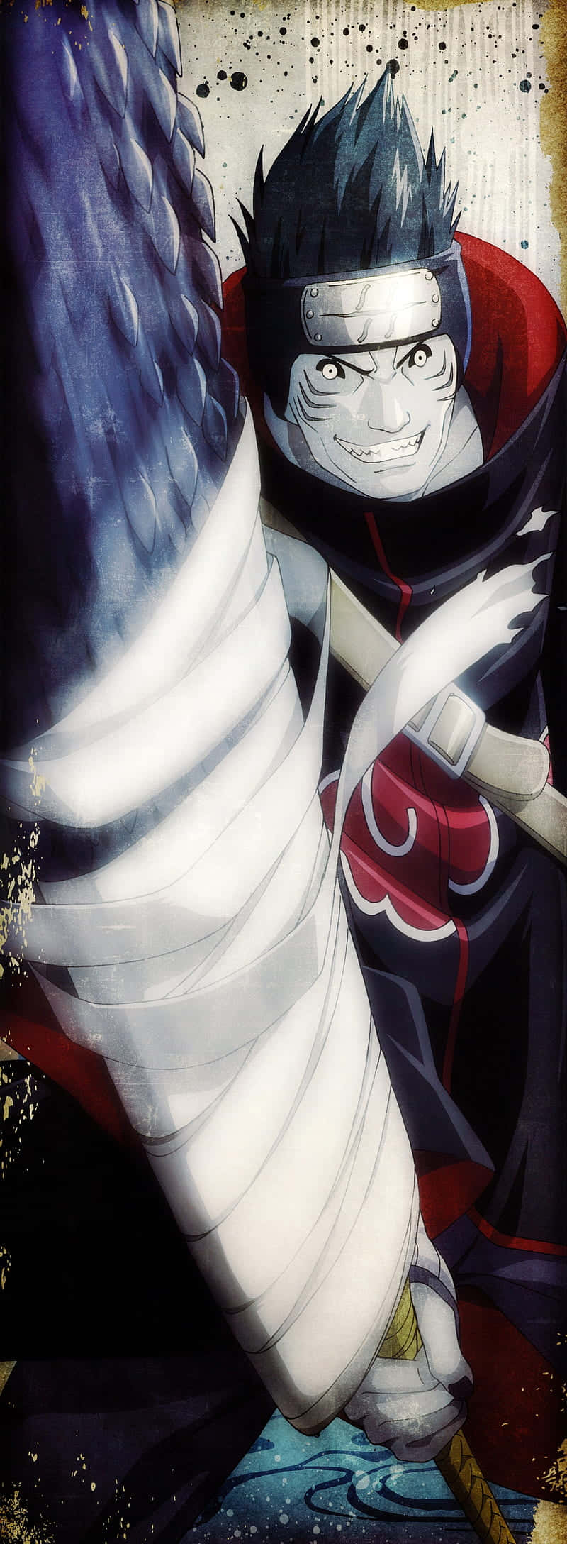 Akatsuki Kisame 桌布 壁紙 — 一個動漫角色，擁有刺蝟般的黑髮和紅色斗篷，在粗糙紋理的背景前揮舞著一把巨大的白色武器。