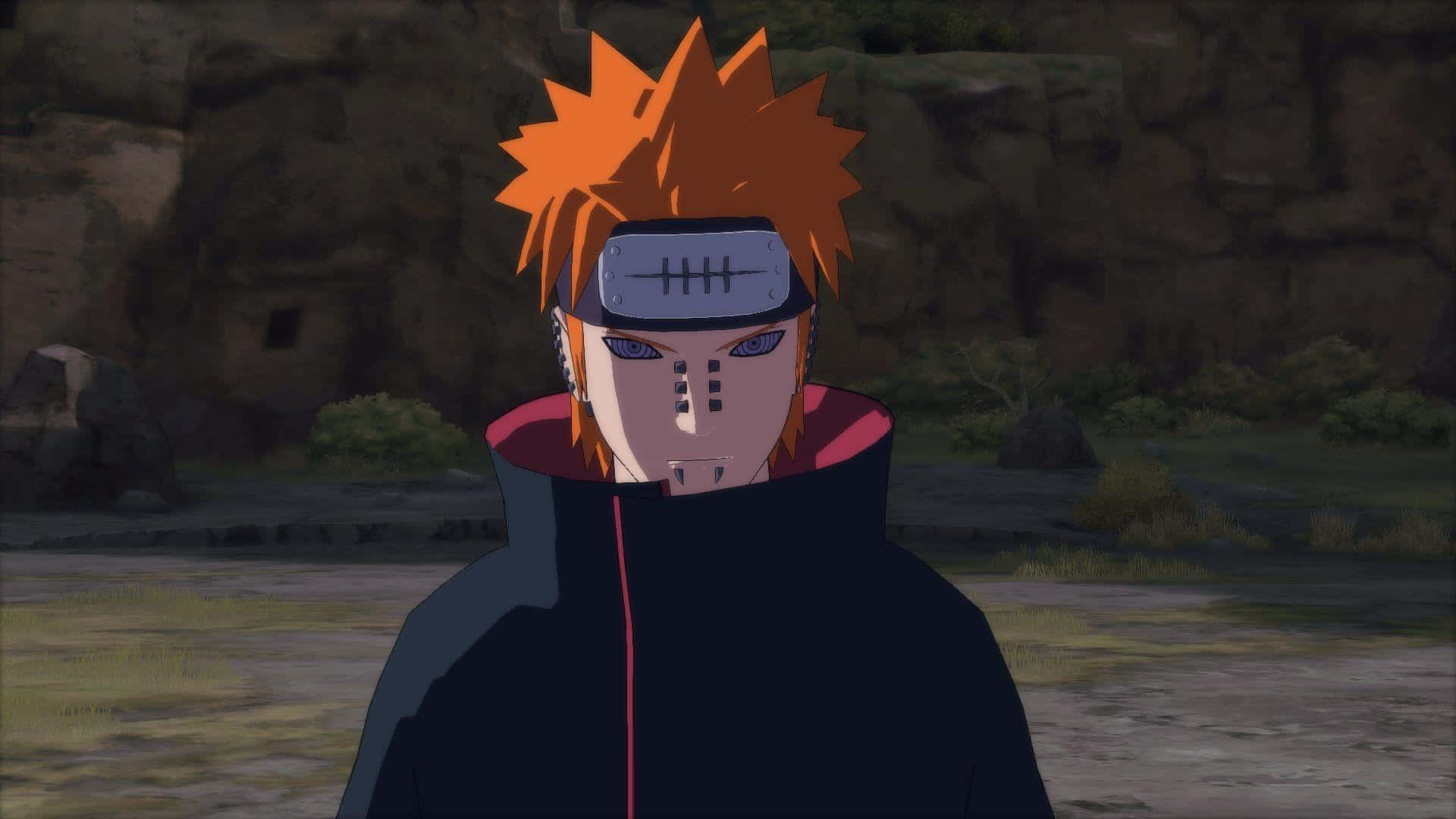 Yahiko 桌布 壁紙 — 一個動漫角色，擁有尖刺的橙色頭髮和黑色斗篷，站在岩石戶外環境中。