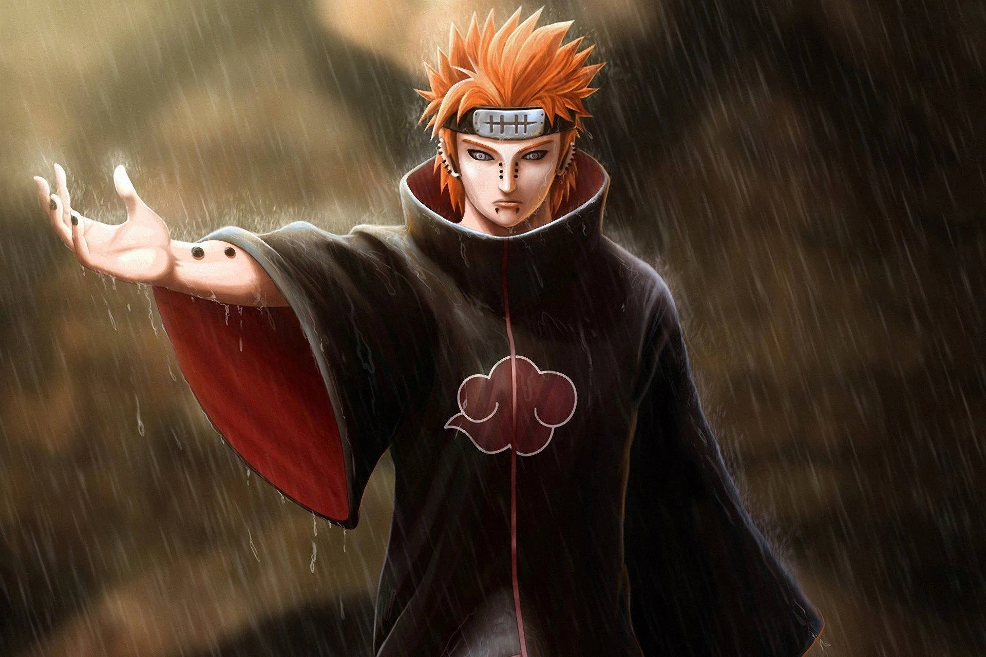 Anime Profile 桌布 壁紙 — 一個動漫角色，擁有尖刺的橙色頭髮和黑色斗篷，站在大雨中，手伸向模糊的土色背景。