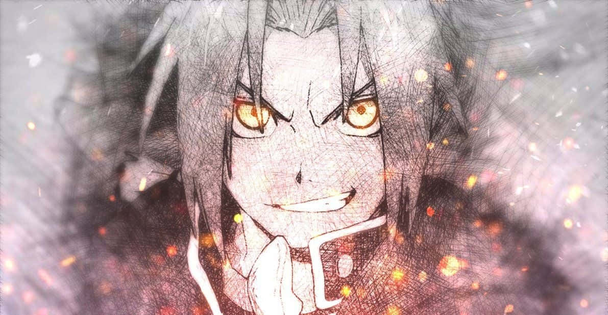 Fullmetal Alchemist 桌布 壁紙 — 一個動漫角色，擁有尖刺的灰色頭髮和發光的橙色眼睛，在煙霧繚繞的背景中帶著漂浮的火星，露出威脅性的微笑。