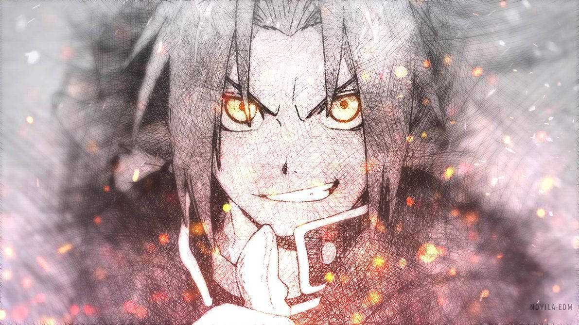 Fullmetal Alchemist 桌布 壁紙 — 一個動漫角色，擁有尖刺的灰色頭髮和發光的橙色眼睛，在煙霧繚繞、火花飄浮的背景中露出威脅性的微笑。