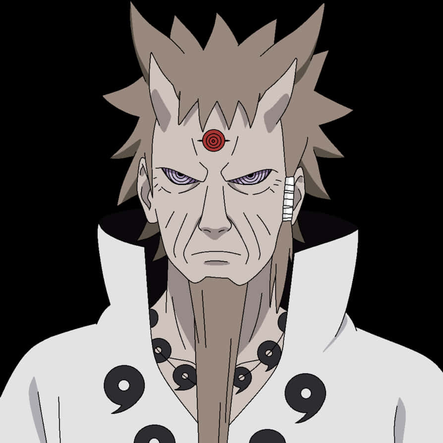 Rinnegan 桌布 壁紙 — 一個動漫角色，擁有尖刺的灰色頭髮和額頭上的紅色螺旋標記，在黑色背景下凝視著。