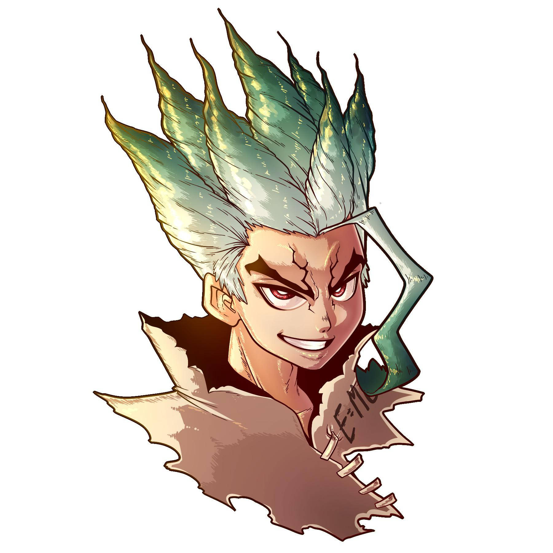 Dr.STONE 新石紀 桌布 壁紙 — 一個動漫角色，擁有尖刺的綠色和白色頭髮及紅色眼睛，衝破撕破的紙張，手持綠色扳手。