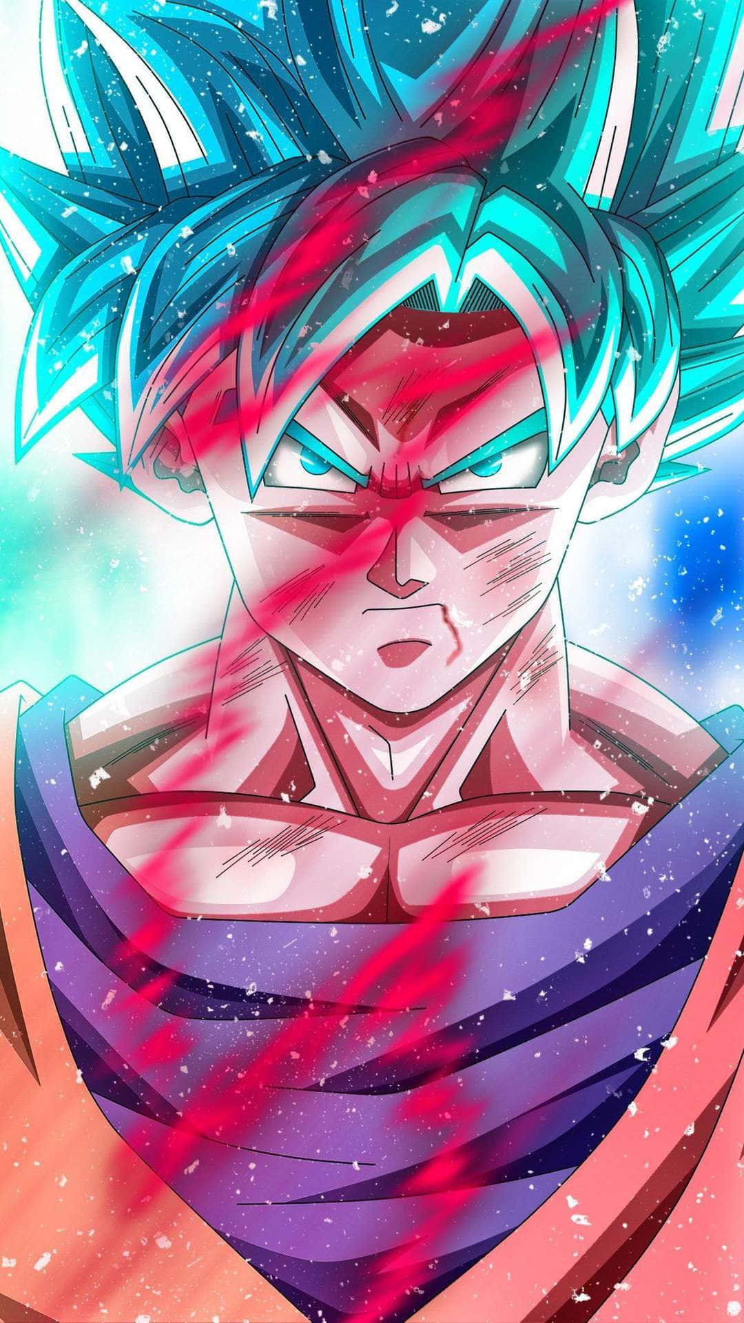 Goku Kaioken 桌布 壁紙 — 一個動漫角色，擁有尖刺的藍色頭髮和紅色能量條紋，在宇宙背景下強烈地凝視。