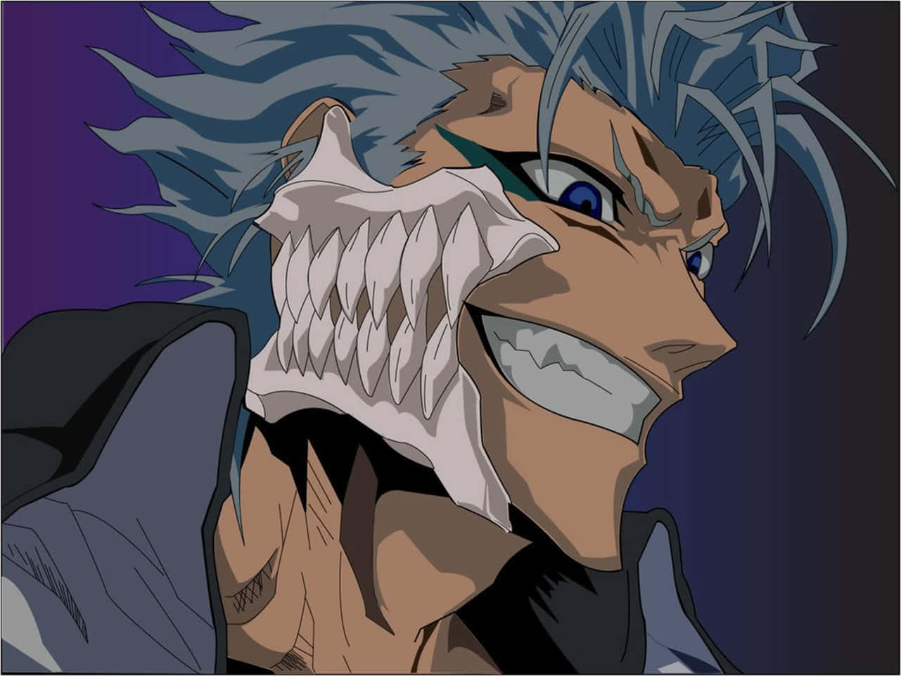 Grimmjow Jaegerjaquez 桌布 壁紙 — 一個動漫角色，擁有尖刺的藍色頭髮和鋸齒狀的白色面具，在深紫色背景上兇狠地咧嘴笑。