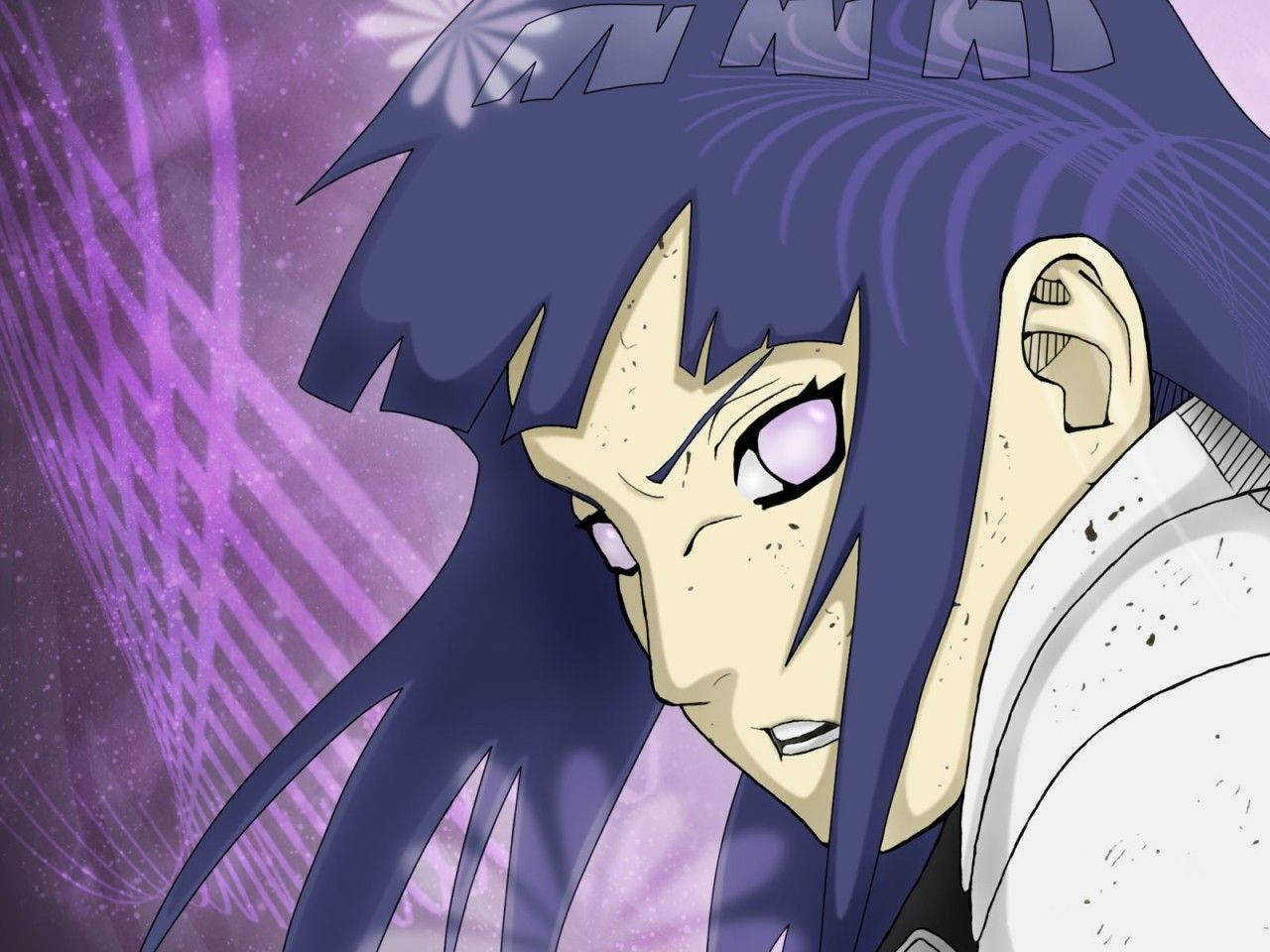 Hinata Hyuga 桌布 壁紙 — 一個動漫角色，擁有尖刺的藍色頭髮和紫色眼睛，在旋轉的紫色宇宙背景前凝視著。