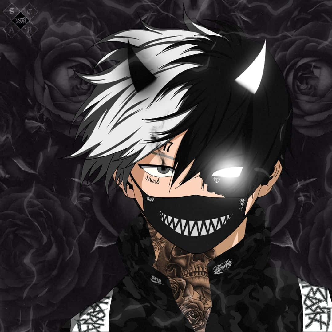 Horror Anime Boy 桌布 壁紙 — 一個動漫角色，擁有尖刺的黑白頭髮和骷髏紋身，戴著黑色面具，面具上有鋒利的牙齒，背景是深色玫瑰。