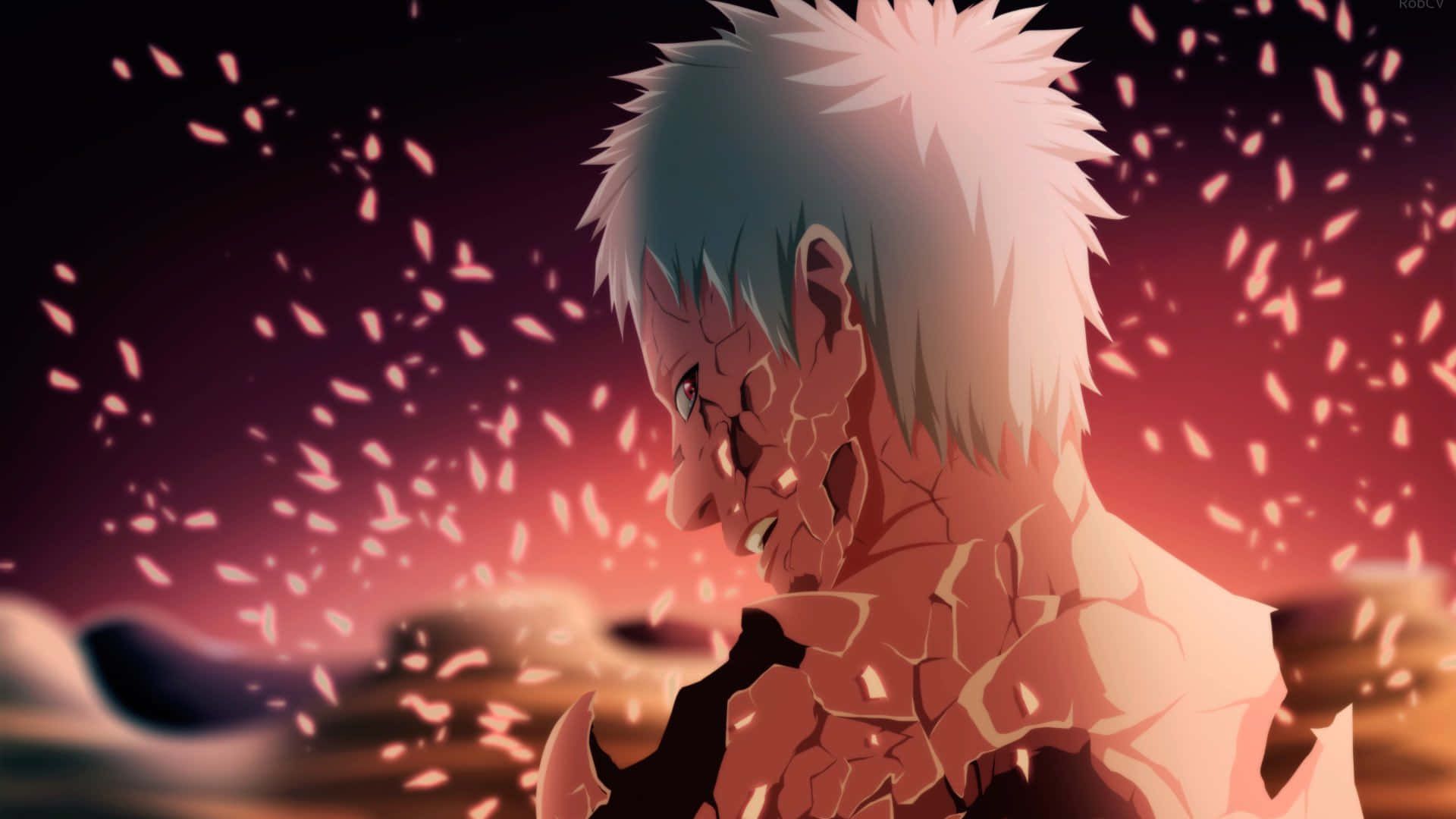 Sad Anime Death 桌布 壁紙 — 一個動漫角色，擁有尖刺般的白髮和龜裂的皮膚，站在火紅的天空下，櫻花在他周圍飄落。