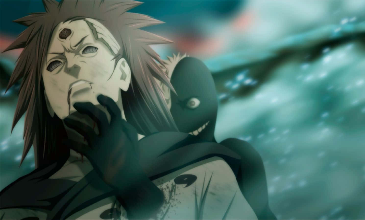 Black Zetsu 桌布 壁紙 — 一個動漫角色，擁有尖刺頭髮和第三隻眼，被一個戴著面具的黑暗身影擁抱，背景是旋轉的藍綠色。