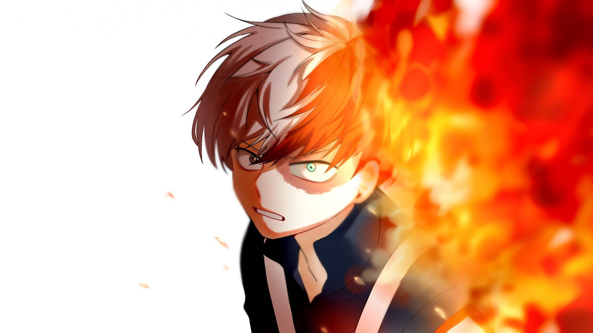 Fire Anime 桌布 壁紙 — 一個動漫角色，擁有火熱的橙色頭髮和強烈的綠色眼睛，被熾熱的火焰包圍，背景是純白色。