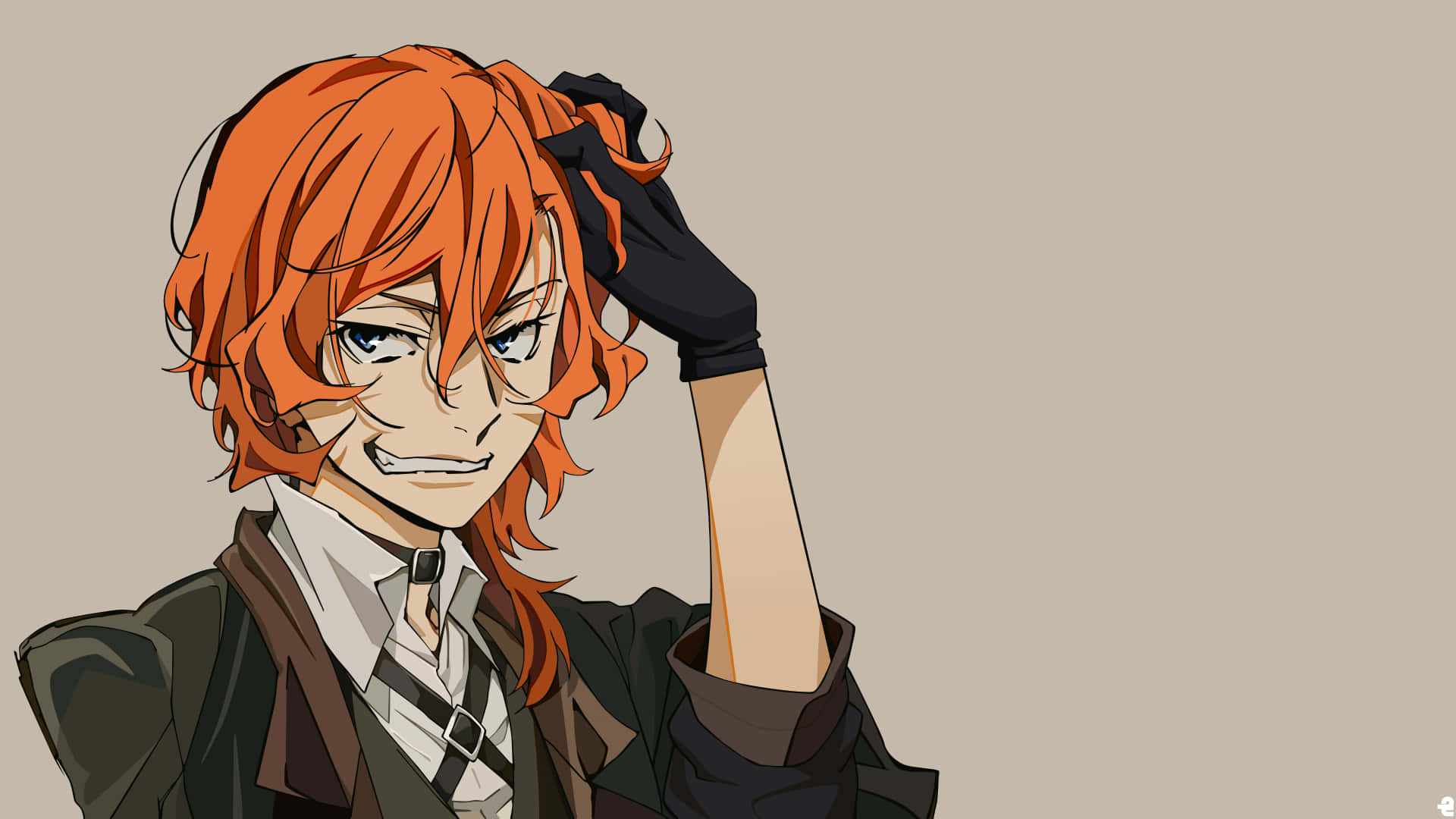 Chuya Nakahara 桌布 壁紙 — 一個動漫角色，擁有火紅色的橙色頭髮，戴著手套的手放在頭上，身穿深色外套內搭白襯衫。