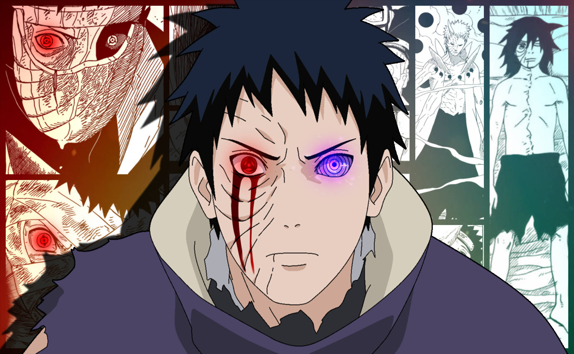 Obito Uchiha 桌布 壁紙 — 一個動漫角色，擁有發光的紅色和紫色眼睛，臉上帶有血痕，被漫畫面板包圍。