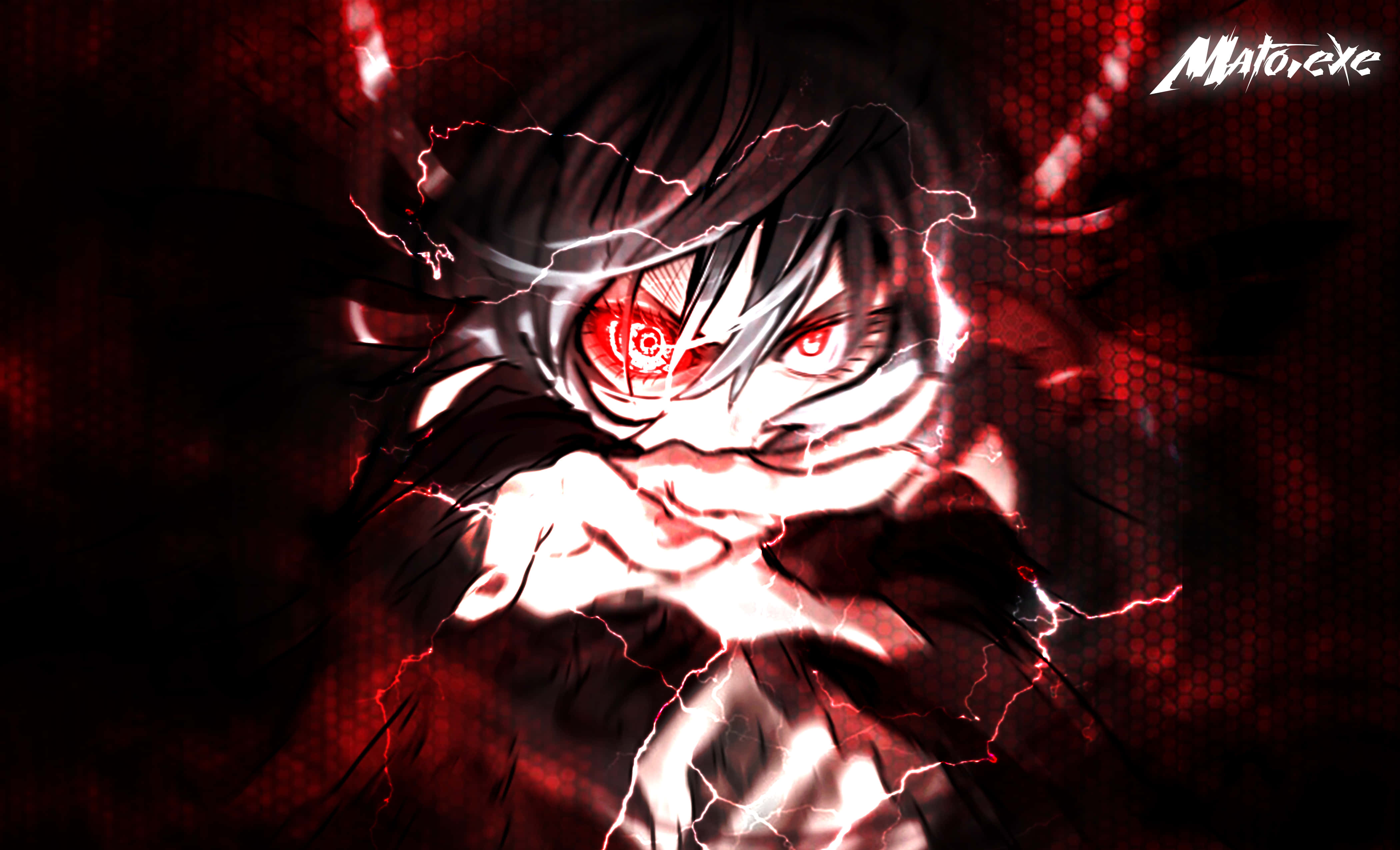 Red And Black Anime 桌布 壁紙 — 一個動漫角色，擁有發光的紅色眼睛，拳頭周圍有閃電劈啪作響，背景是深紅色六邊形。