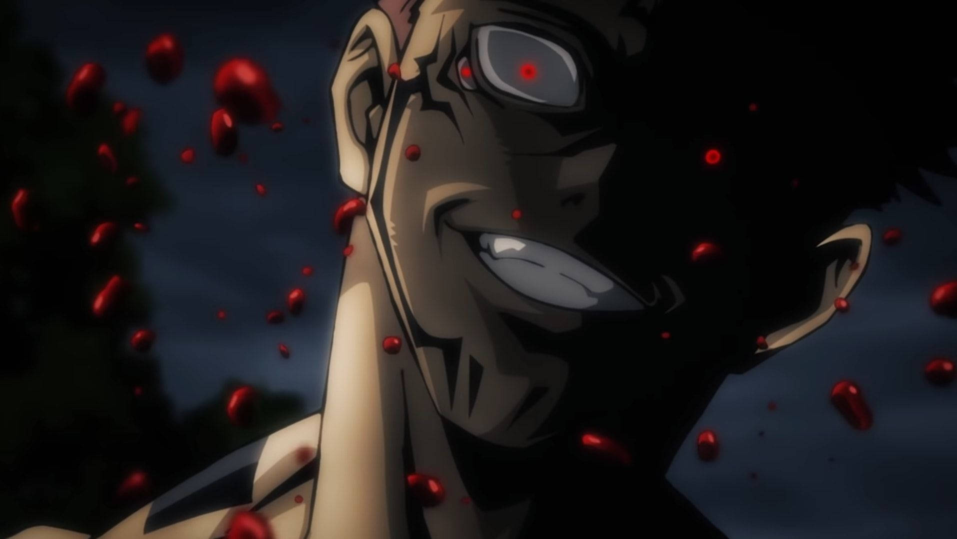 Jujutsu Kaisen Desktop 桌布 壁紙 — 一個動漫角色，擁有發光的紅色眼睛和血跡，在黑暗背景下露出威脅的笑容。