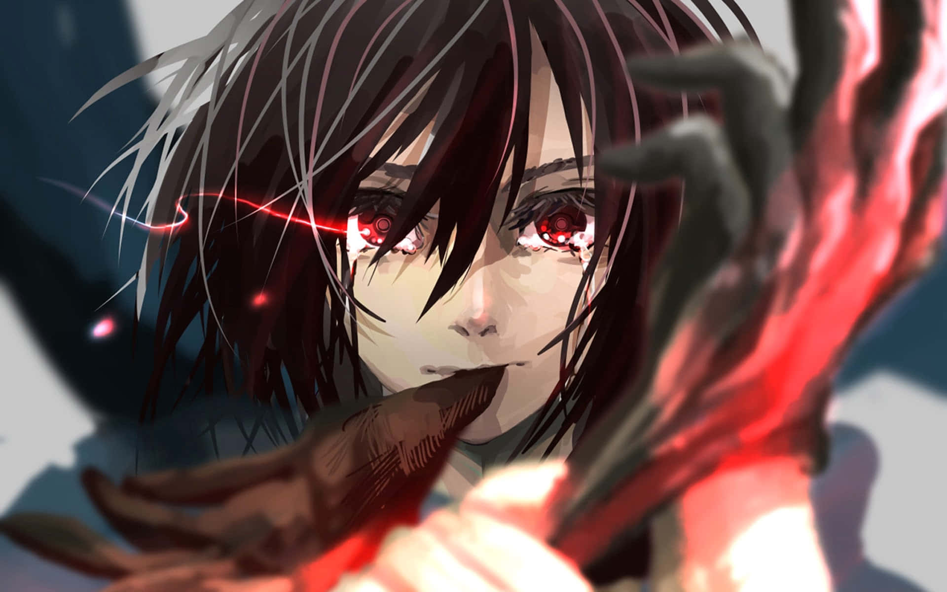 Cool Anime Girl 桌布 壁紙 — 一個動漫角色，擁有發光的紅色眼睛和深色頭髮，握著武器，紅色能量在他們的手周圍噼啪作響。