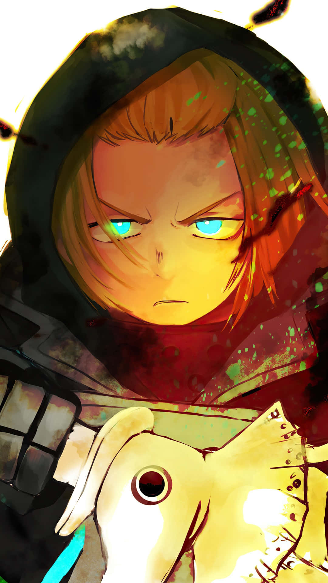 Fire Force Joker 桌布 壁紙 — 一個動漫角色，擁有發光的藍色眼睛和連帽斗篷，在火熱的背景中抱著一個發光的生物。
