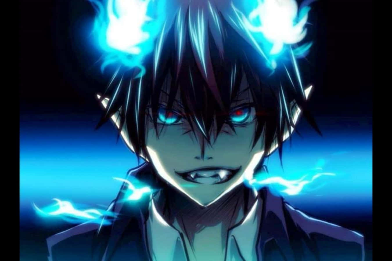動漫惡魔 桌布 壁紙 — 一個動漫角色，擁有發光的藍色頭髮和眼睛，被電藍色能量包圍，背景為深色。
