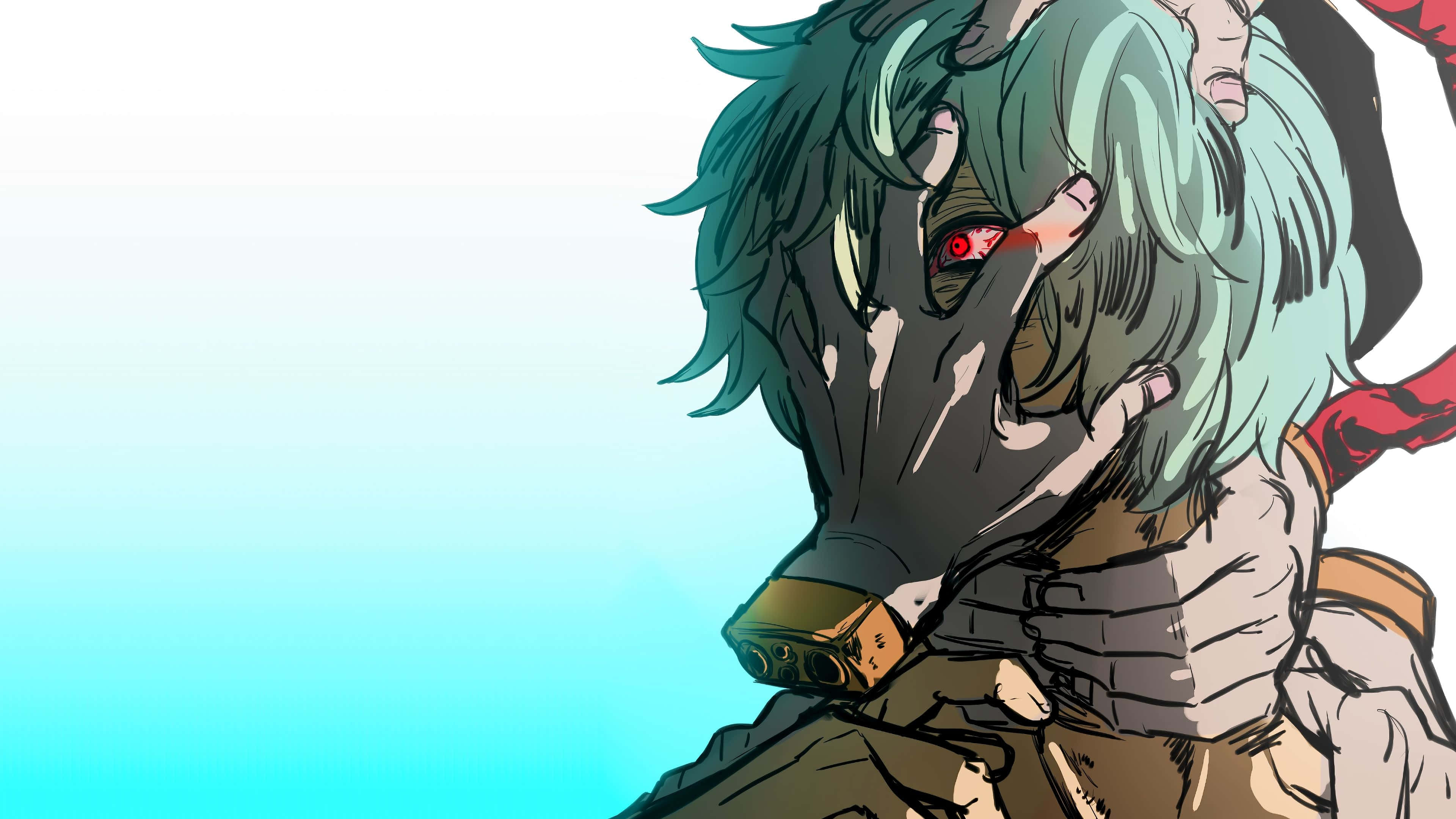 Anime Character 桌布 壁紙 — 一個動漫角色，擁有青色頭髮和紅色眼睛，戴著手套的手遮住半邊臉，背景是漸變藍色。