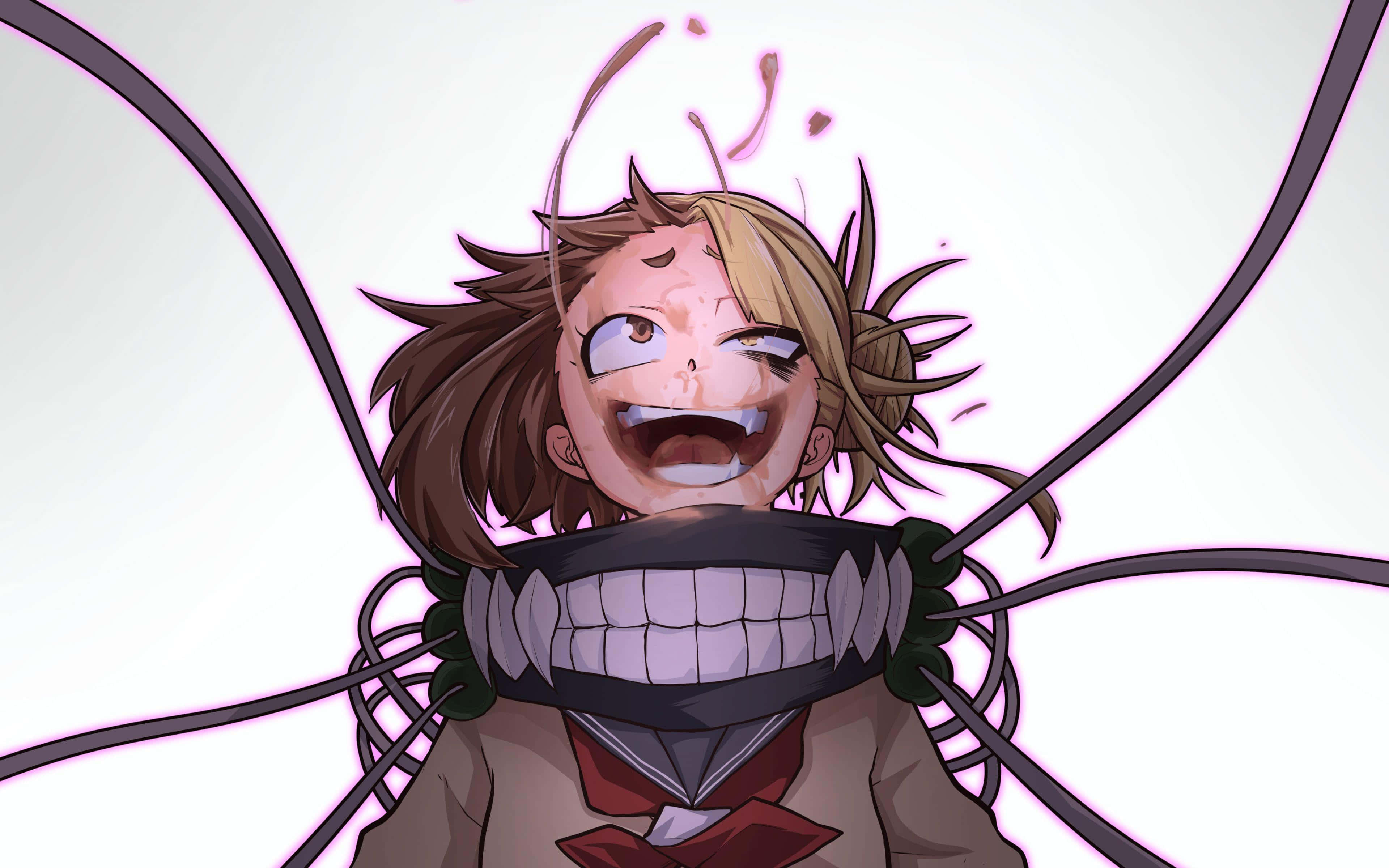 Himiko Toga Aesthetic 桌布 壁紙 — 一個動漫角色，有著凌亂的棕色頭髮和燦爛的笑容，被粗黑電纜綁在純白色背景上。