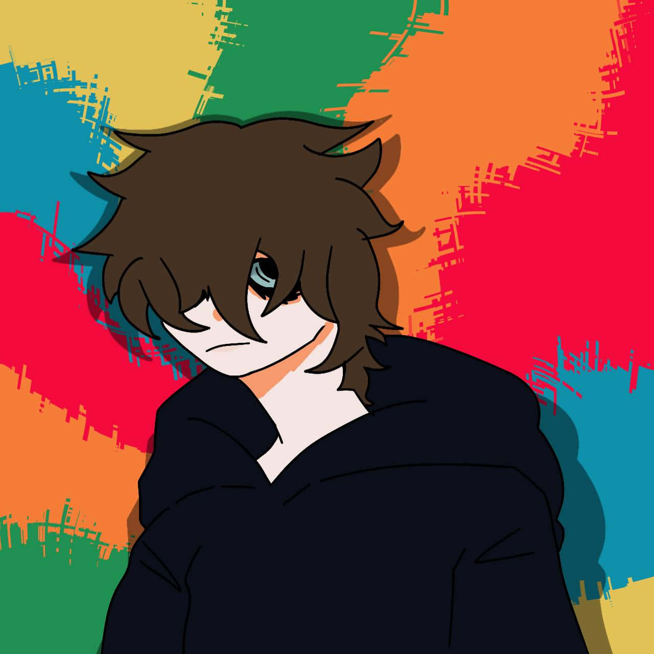 動漫角色，凌亂棕色頭髮和藍色眼睛，在故障彩虹背景前皺眉。 — Emo GIF 壁紙