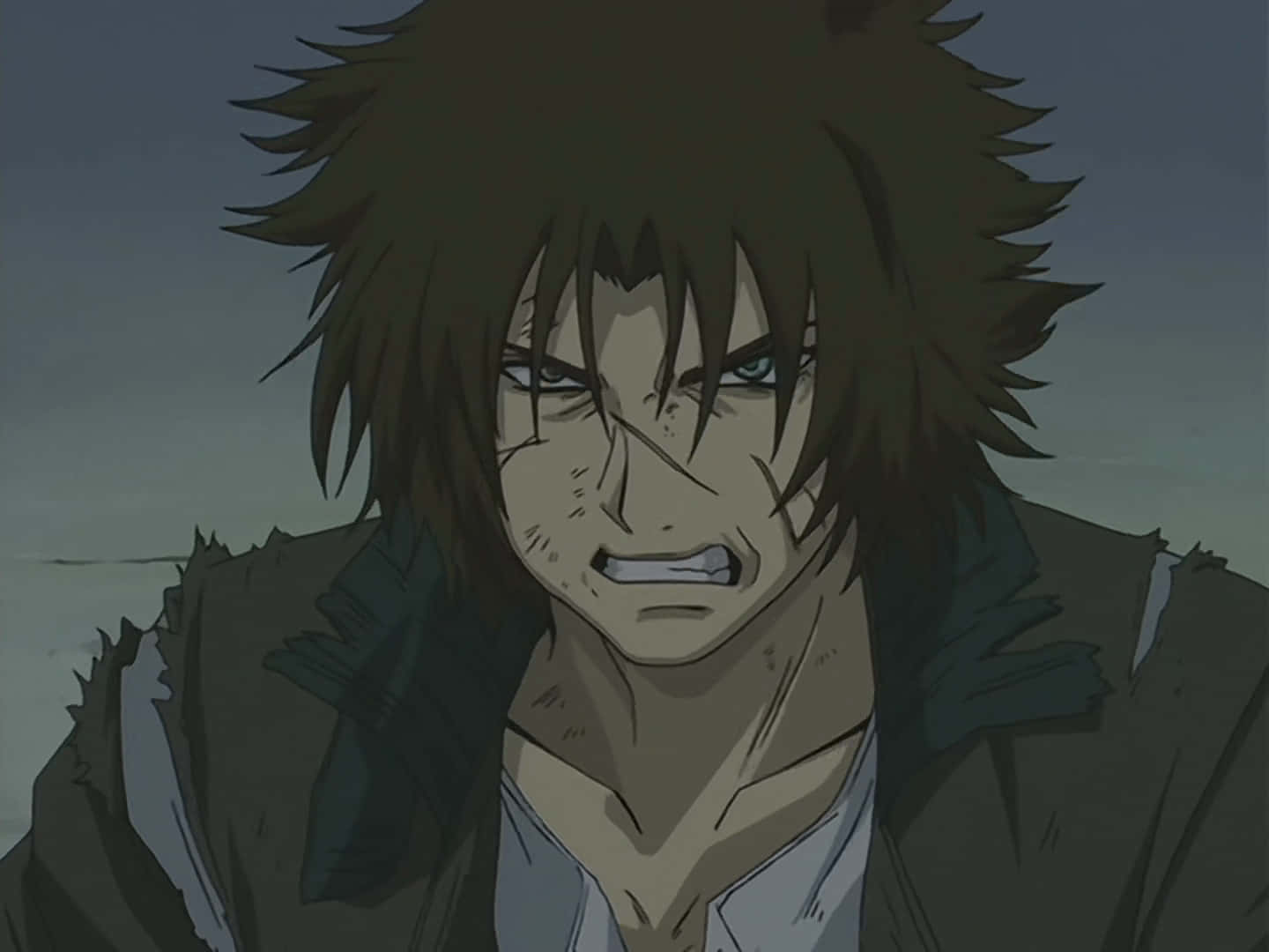 Wolf's Rain Kiba 桌布 壁紙 — 一個動漫角色，有著凌亂的棕色頭髮和兇猛的表情，穿著破爛的夾克，背景是暗淡的天空。