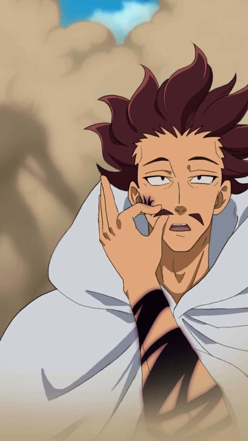 Seven Deadly Sins Monspeet 桌布 壁紙 — 一個動漫角色，有著刺刺的棕色頭髮和白色斗篷，摸著眼睛看起來很惱火。