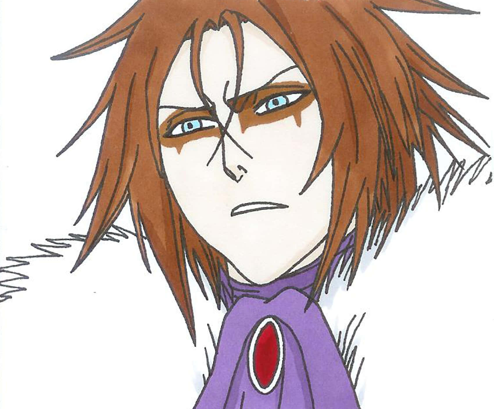 Bleach Muramasa 桌布 壁紙 — 一個動漫角色，有著刺刺的棕色頭髮和藍色眼睛，穿著帶有紅色標誌的紫色服裝，表情嚴肅。