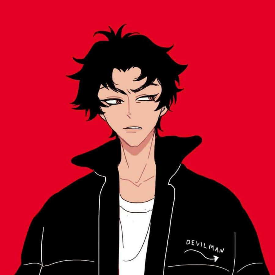 Devilman Crybaby 桌布 壁紙 — 一個動漫角色，有著刺刺的黑髮和嚴肅的表情，穿著一件黑色外套，袖子上有「DEVILMAN」字樣，背景是純紅色。