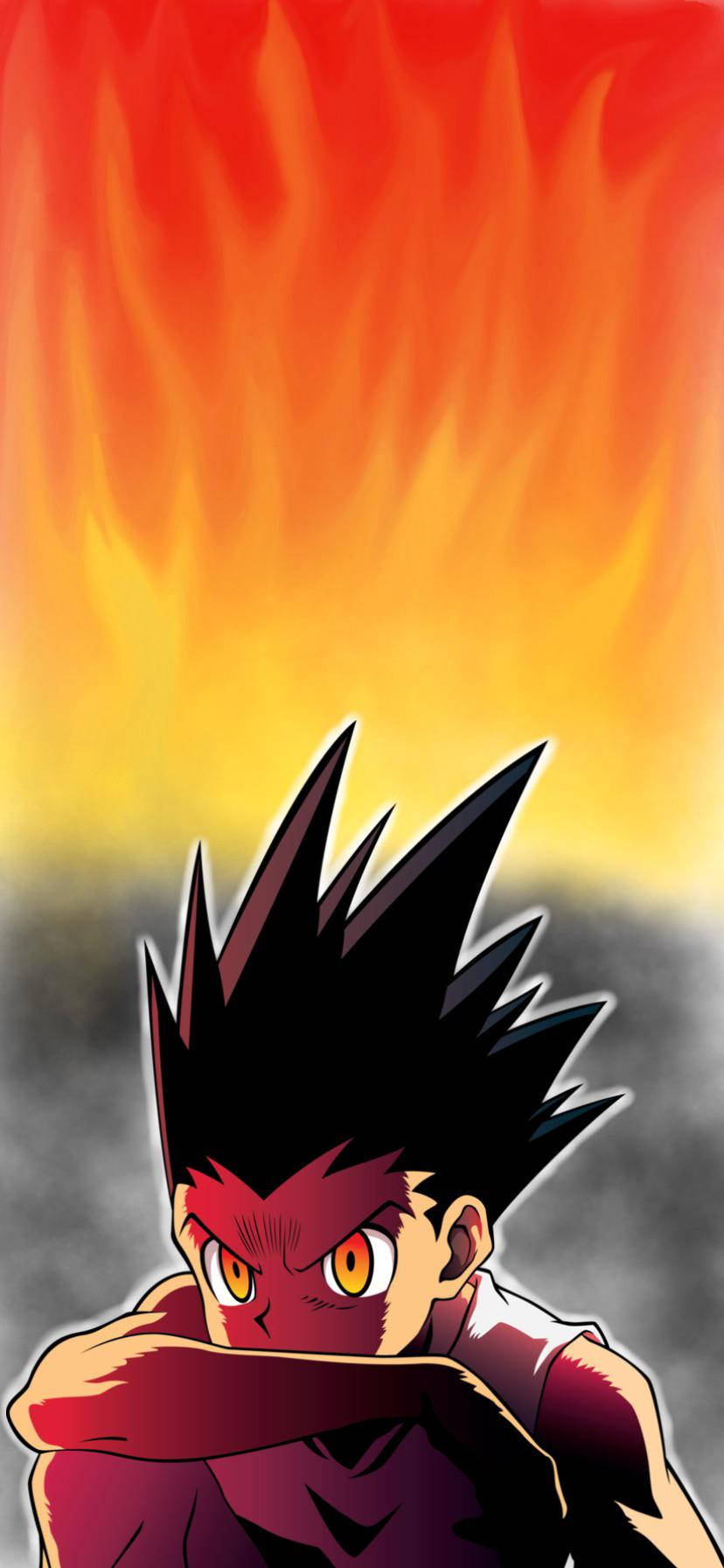 Hunter X Hunter iPhone 桌布 壁紙 — 一個動漫角色，有著刺刺的黑髮和發光的橙色眼睛，挑釁地站在熾熱的橙色和黃色背景前。
